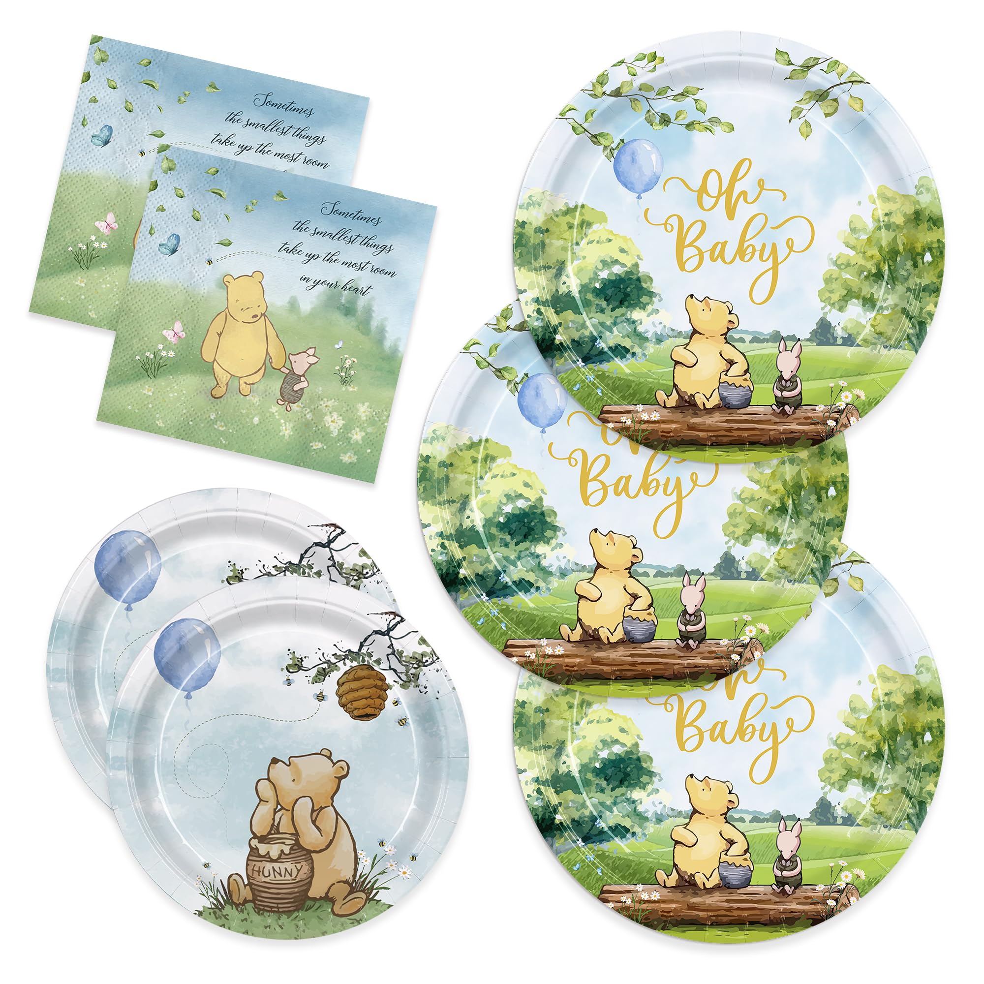 150pcs Bear Baby Shower Decorations Include Plates Napkins for Baby Shower Deco Paper Disposable Tableware Set for Kids Boys Serves 50 People
