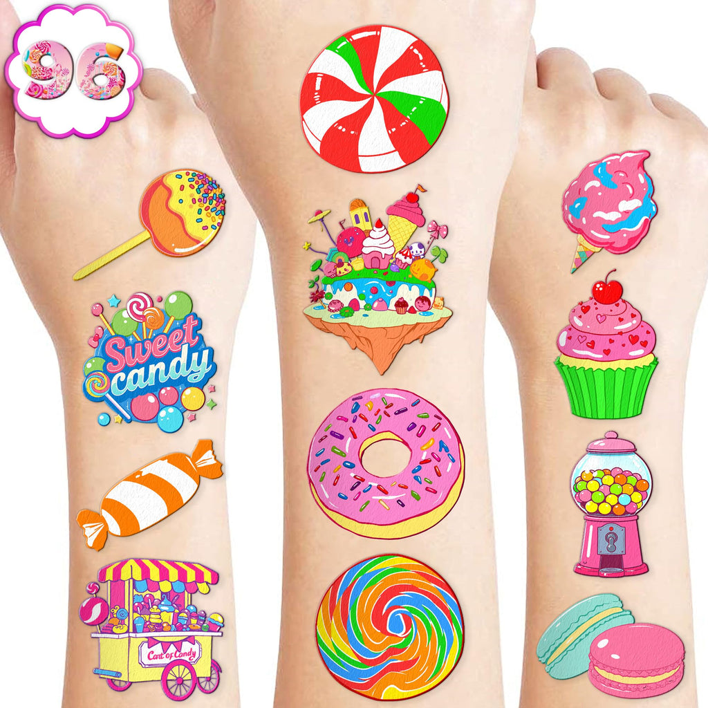 96 PCS Pre-Cut Candy Temporary Tattoos for Kids Birthday Party Favors
