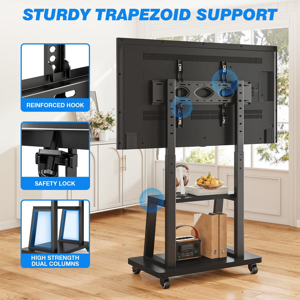 Rfiver Mobile TV Cart Rolling TV Stand for 37-75 inch TVs Up to 150lbs, Heavy-Duty Portable TV Stand on Wheels with 2-Tier Wooden Storage Shelves, Height Adjustable, Max VESA 600x400mm, Black