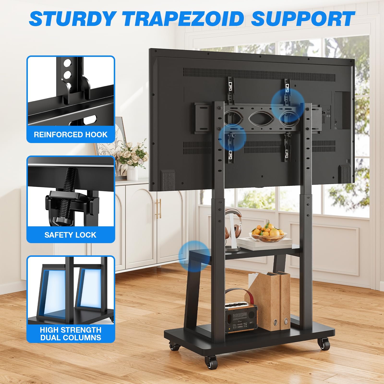 Rfiver Mobile TV Cart Rolling TV Stand for 37-75 inch TVs Up to 150lbs, Heavy-Duty Portable TV Stand on Wheels with 2-Tier Wooden Storage Shelves, Height Adjustable, Max VESA 600x400mm, Black