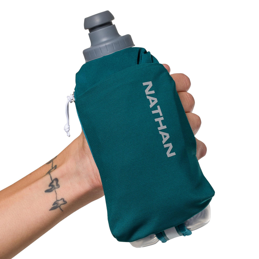 Nathan SpeedDraw 2 Insulated Handheld Running Water Bottle Flask – Double-Wall Insulation, Ergonomic Grip, Blast Valve Cap, Phone & Key Storage Pockets, Reflective Design, 12oz Insulated - Deep Teal
