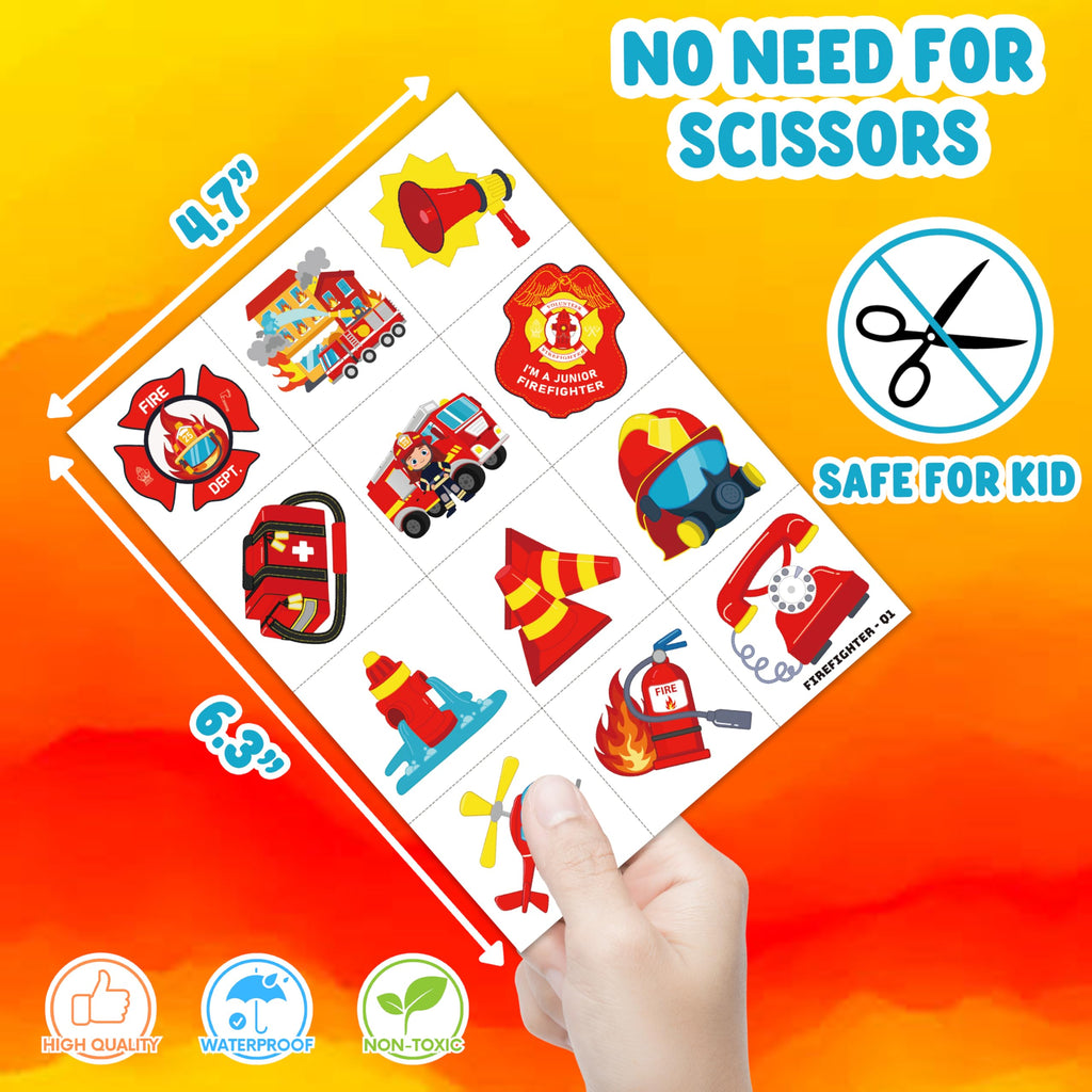 96 PCS Firefighter Firetruck Pre-Cut Temporary Tattoos for Kids | Super Cute Themed Birthday Party Favors,Goodie Bags Fillers, Supplies, Decorations, Fake Tattoo Stickers (Multiple)