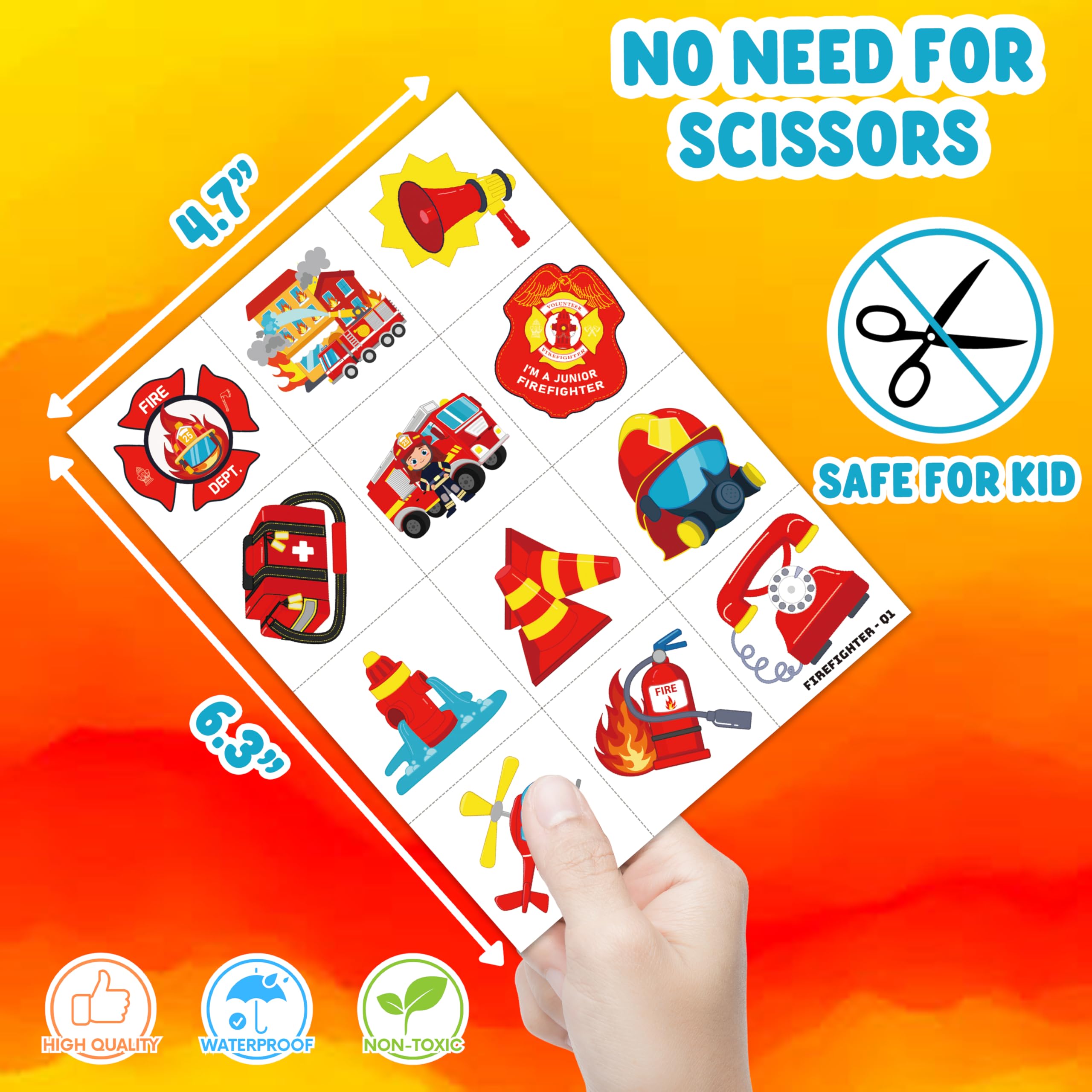96 PCS Firefighter Firetruck Pre-Cut Temporary Tattoos for Kids | Super Cute Themed Birthday Party Favors,Goodie Bags Fillers, Supplies, Decorations, Fake Tattoo Stickers (Multiple)