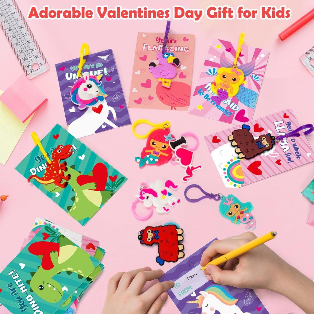 Gloween 30 Pack Valentines Day Cards for Kids, Cute Dinosaur Flamingo Mermaid Llama Unicorn Keychains, Great Classroom/Class Exchange Prizes Valentine Party Favors Gifts for Boys Girls