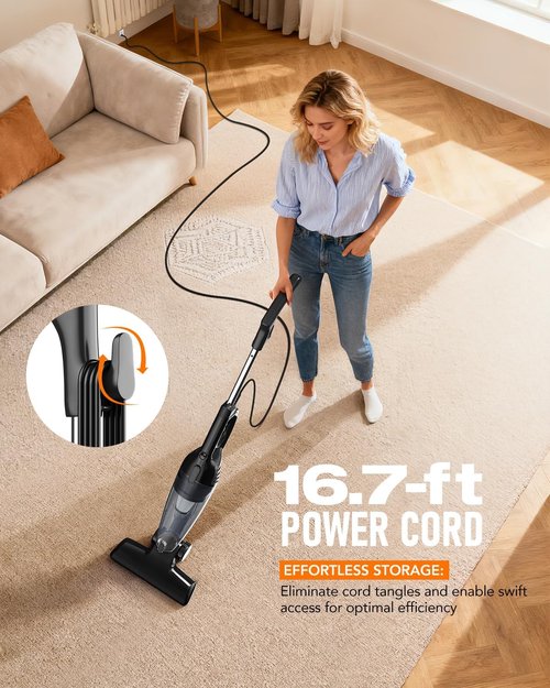 Avvnee Corded Stick Vacuum Cleaner - 15000Pa Suction Power, Ultra-Lightweight 3lbs, Ideal for Pet Hair & Hard Floors, Black