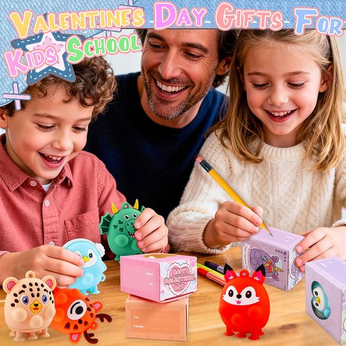 ChildFun Valentines Day Gifts for Kids, 24 PCS Prefiled Valentines Box with 3D Animal Pop Suction Toys, Valentines Party Favors for Class, School Classroom Valentines Gifts for Boys Girls Toddlers