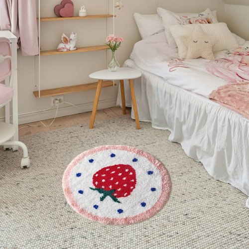 6 Funpop Fluffy Rug, 27 in Tufted Round Strawberry Area Rug for Bedroom; Non - Slip Bath Mat for Bathroom; Soft Cute Carpet for Living Room, for Girls' Room, for Kitchen, Machine - Washable