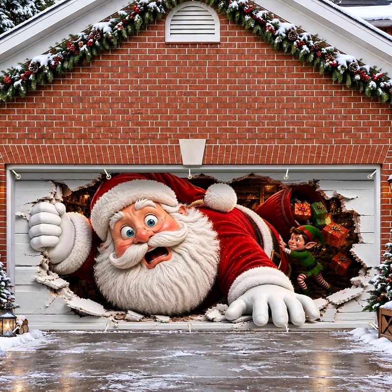 7x16 Ft Christmas Garage Door Banner - 3D Santa Breaking Through, Large Indoor/Outdoor Holiday Backdrop - Variation: Funny Stuck Santa