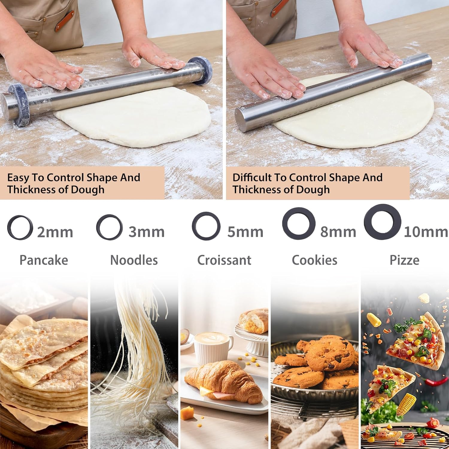 Skiennix Adjustable Rolling Pin - Non-Stick Stainless Steel Dough Roller with Thickness Rings | 15.8" Grey