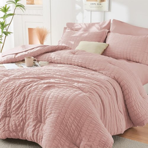 HYMOKEGE King Size Comforter Set - Luxurious Rose Gold Seersucker 7-Piece Bedding Set | All-Season Comfort