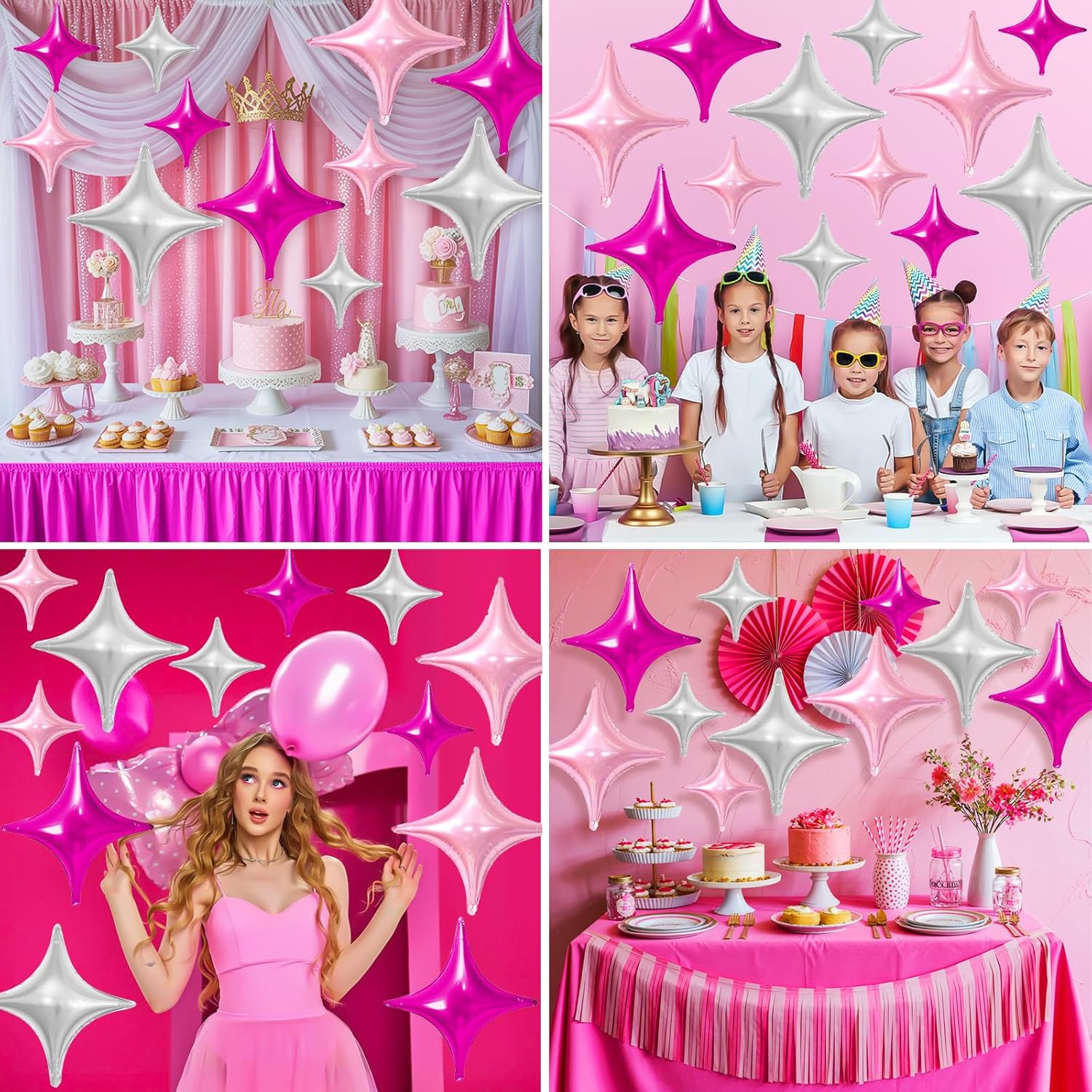 Skiennix Pink Silver Star Balloons - 12 Pcs Foil Balloons in 26 Inch & 10 Inch for Birthday & Anniversary Decor