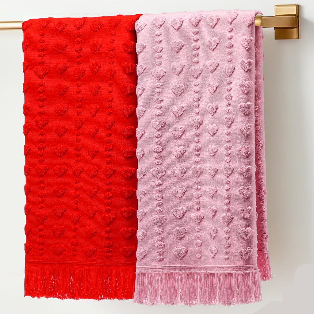 Peryiter 2 Pcs Valentine's Day 3D Heart Hand Towels with Tassel Valentines Decor 100% Cotton Red Pink Bathroom Towel Decorative Absorbent Bath Towel for Kitchen Drying Cleaning, 13.78 x 33.46 Inch