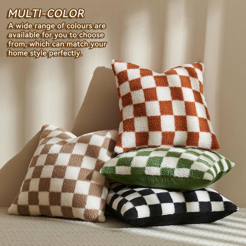 AmHoo Pack of 2 Decorative Throw Pillow Covers Checkerboard Luxury Super Soft Faux Fur Wool Set Case Cushion for Couch Sofa Bedroom 18 x 18-Inch Burnt Orange