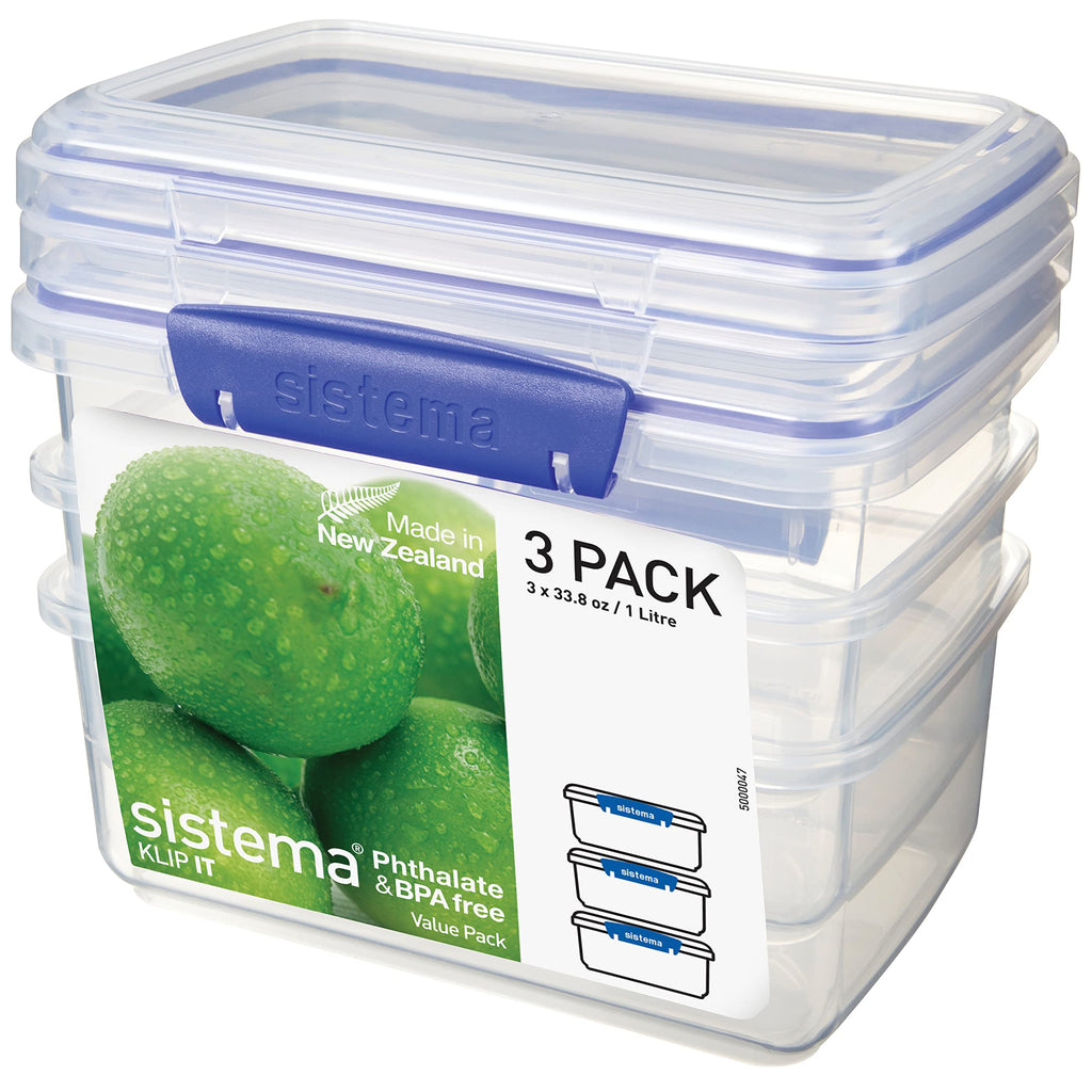 Sistema KLIP IT Rectangular Collection Food Storage Container, 33.8 oz./1.0 L, Clear/Blue, 3 Count