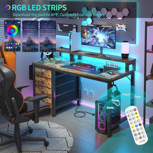 Lufeiya Gaming Desk with LED Lights and Power Outlets, 47 inch Computer Desk with Fabric Drawers, Reversible Home Office Desk with Monitor Stand, Black