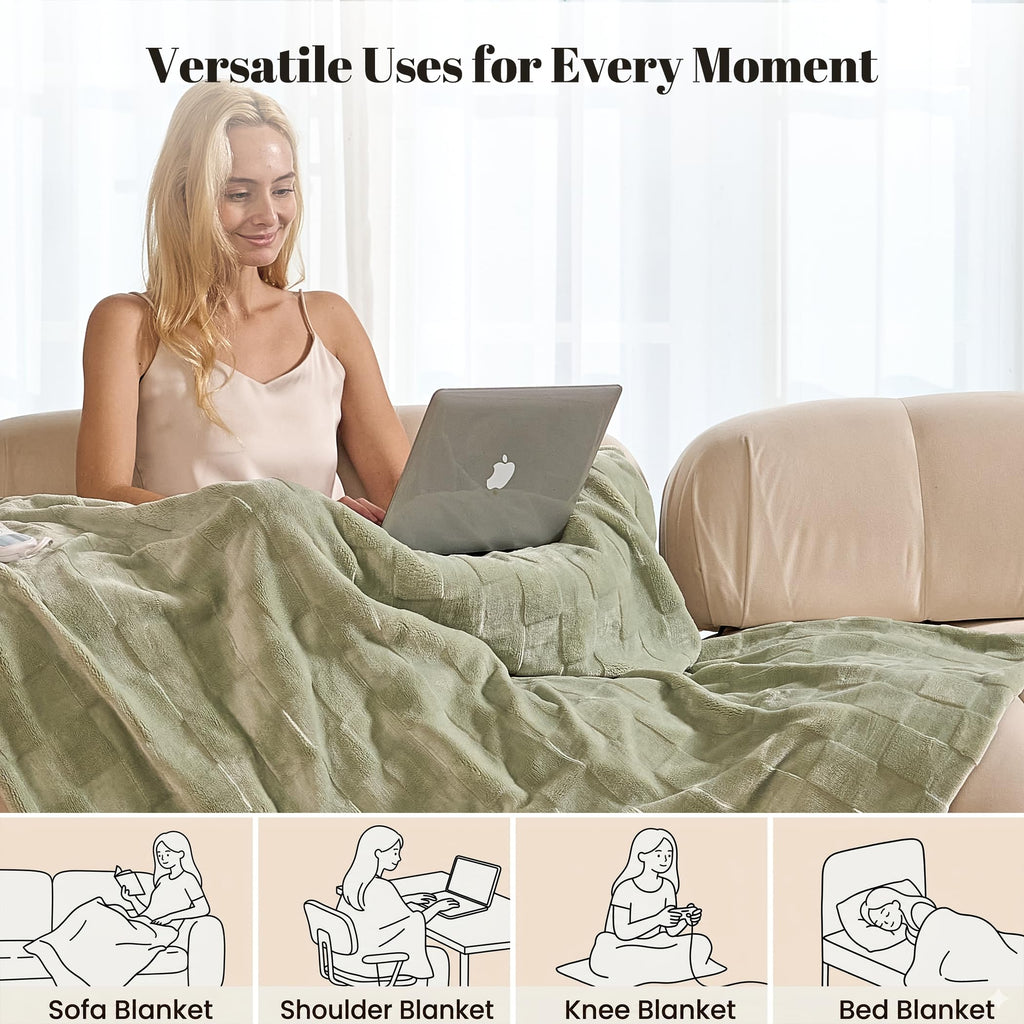 IUUI Heated Blanket Electric Throw Checkered- 50x60 Inches Soft Flannel Heating Blanket,Fast Heating Blanket 6 Heating Levels & 2 Hours Auto Off ETL Certification, Gifts for Women (Sage Green, Throw)