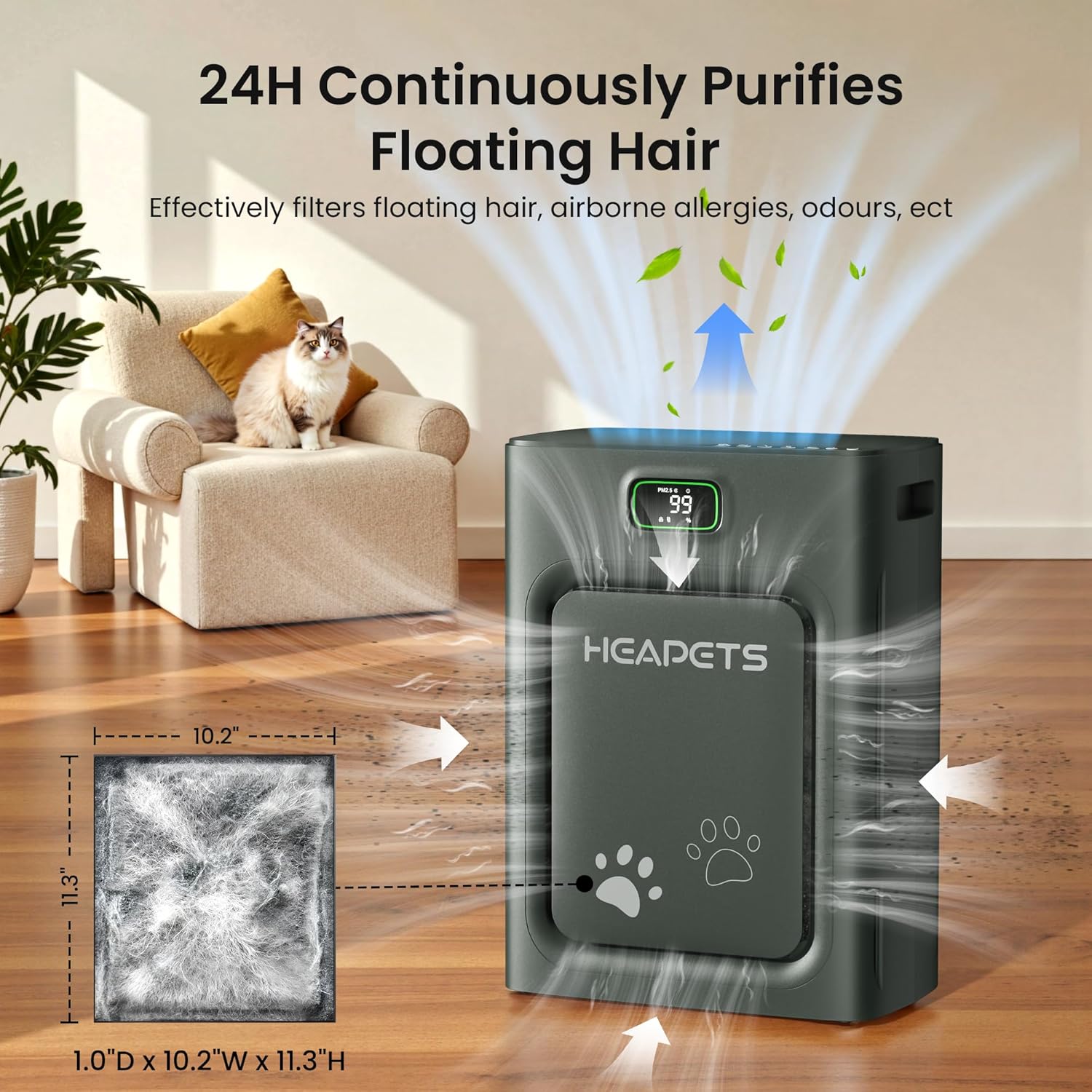 Skiennix Pet Air Purifier - H13 HEPA Filter for Large Rooms Up to 2500 Sq Ft | Black, Auto Mode & PM2.5 Monitor