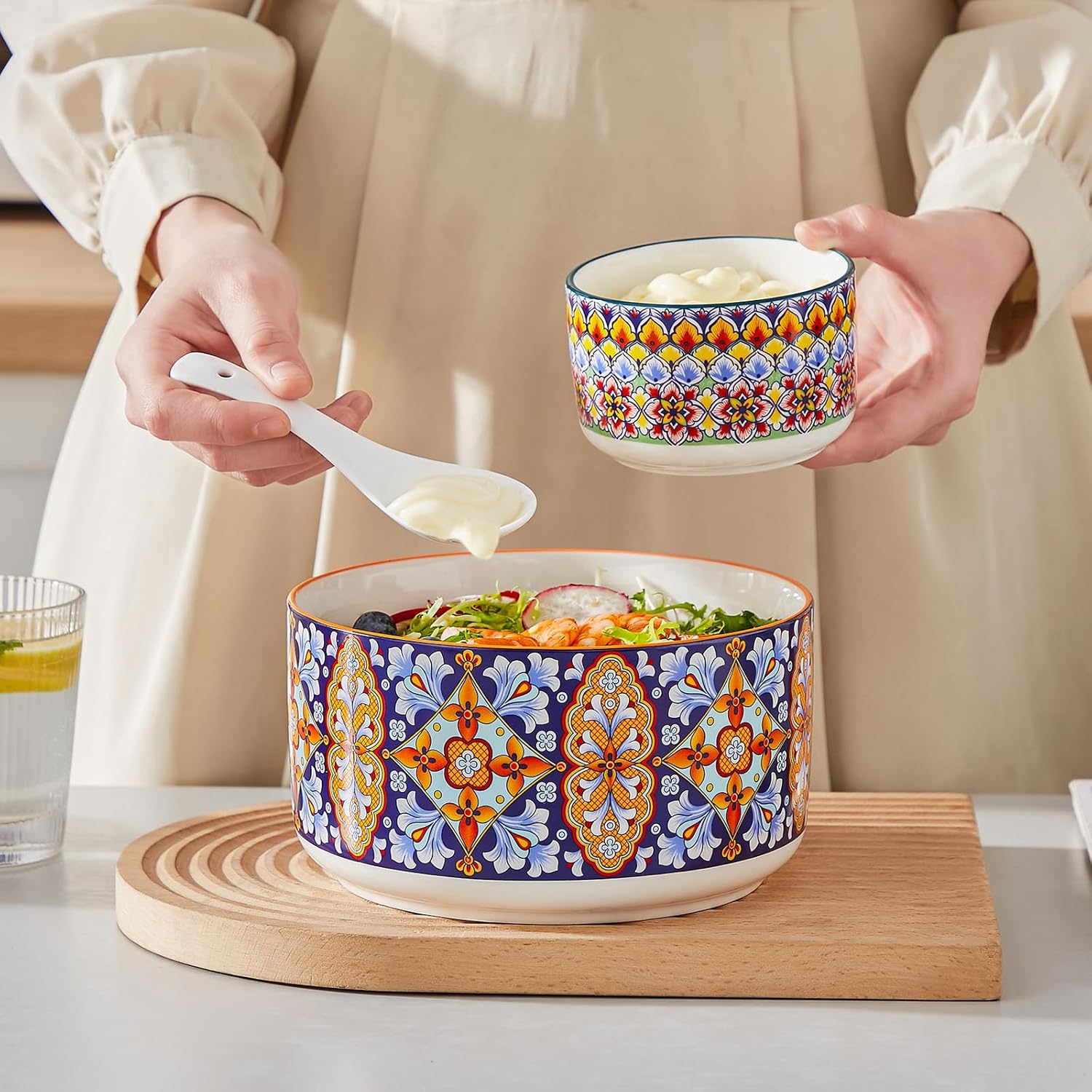 Vancasso Serving Bowls Set of 4 - Ceramic Nesting Mixing Bowls with Lids | Dishwasher & Microwave Safe, 60/36/20/10 OZ