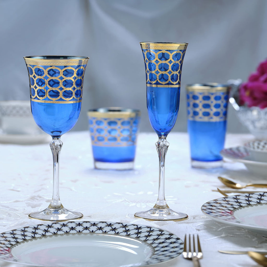 Lorren Home Trends Cobalt Blue Champagne Flutes with Gold Rings, Set of 4
