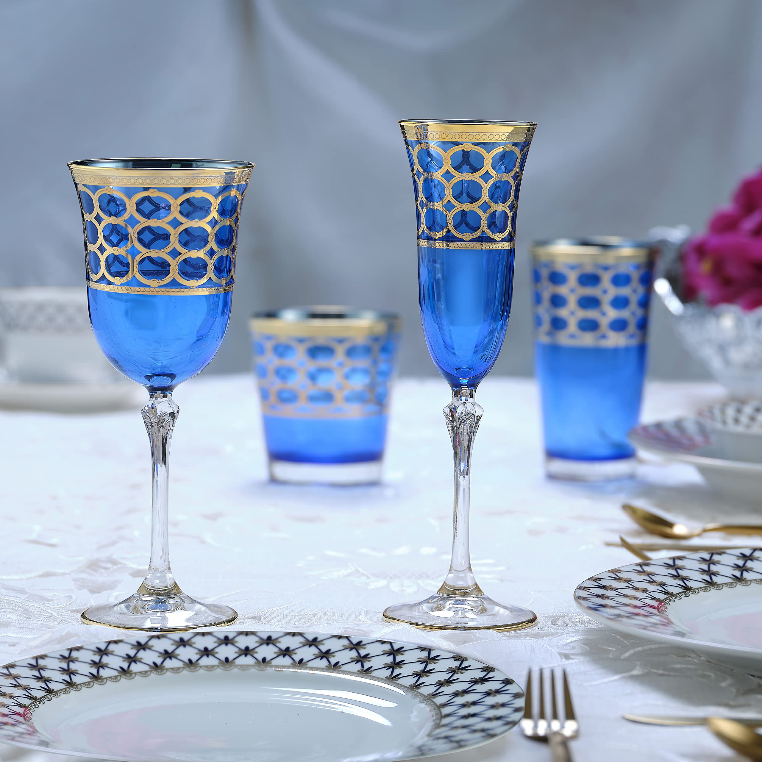 Lorren Home Trends Cobalt Blue Champagne Flutes with Gold Rings, Set of 4