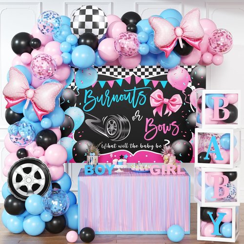 Burnouts or Bows Gender Reveal Decorations - 143pcs Pink Blue Balloon Garland Kit, 4pcs Baby Box With Letters, What Will the Baby Be Backdrop, Boy or Girl Gender Reveal Party Supplies