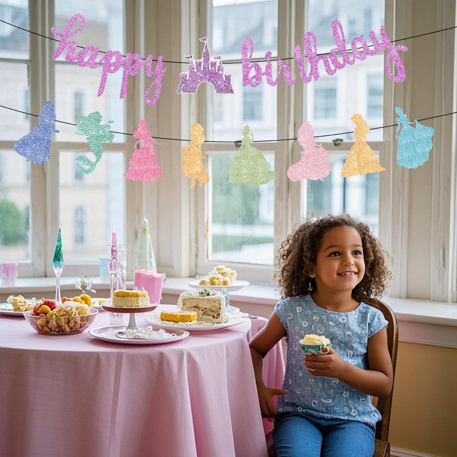Neyeidru Princess Birthday Banner Decorations - Pink Happy Birthday Garland Glitter Bunting for Girls Coquette Birthday Party Decorations Favor Supplies