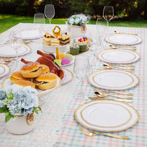 Hioasis 60pcs Gold Plastic Plates - White and Gold Disposable Dinnerware with Gold Rim, Heavy-duty, 10 inch, Dinner Plates for Party & Wedding