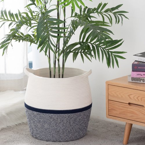 KAKAMAY Woven Baskets for Storage(17"x17"),Large Cotton Rope Basket Woven Baby Laundry Hamper,Collapsible Laundry Basket, Blanket Basket for Living Room,Nursery,Clothes, Toy chest(Navy Blue)