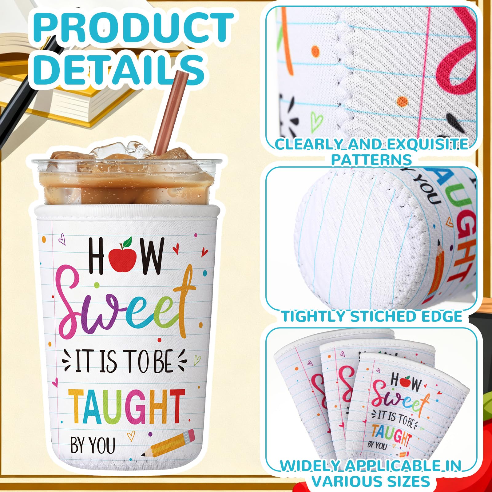 FoldTier 3 Pcs Teacher Appreciation Gifts Reusable Iced Coffee Sleeves Teachers Coffee Sleeves for Iced and Hot Drinks Gifts for End of School Year Graduation(Sweet)