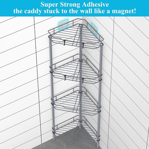 HuggieGems Corner Shower Caddy Organizer - 4 Tier Floor Standing Shelf with Hooks | Dark Gray