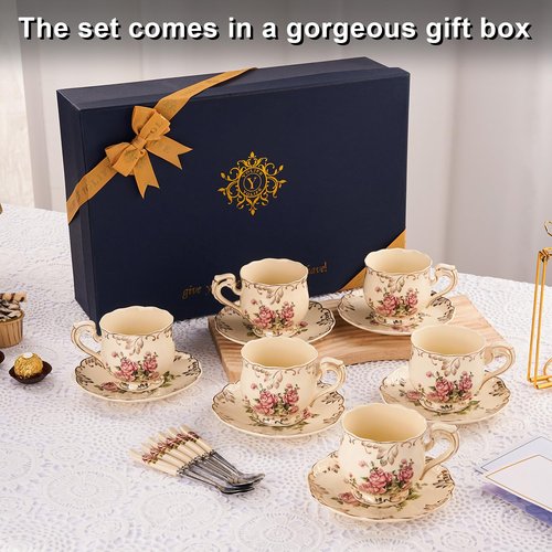 YOLIFE 8 OZ Tea Cups and Saucers Set of 6, Ivory Porcelain Tea Cups Set with Stand, Rose with Gold Leaves Trim Design, Gift for Women (Includes Gift Box, Tote Bag, Greeting Card)