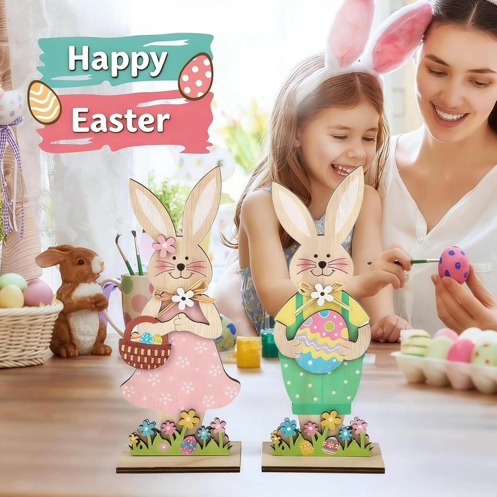 Skiennix Easter Wooden Bunny Tabletop Decorations - Colorful Standing Rabbit Figurines with Egg Basket | Spring Centerpiece