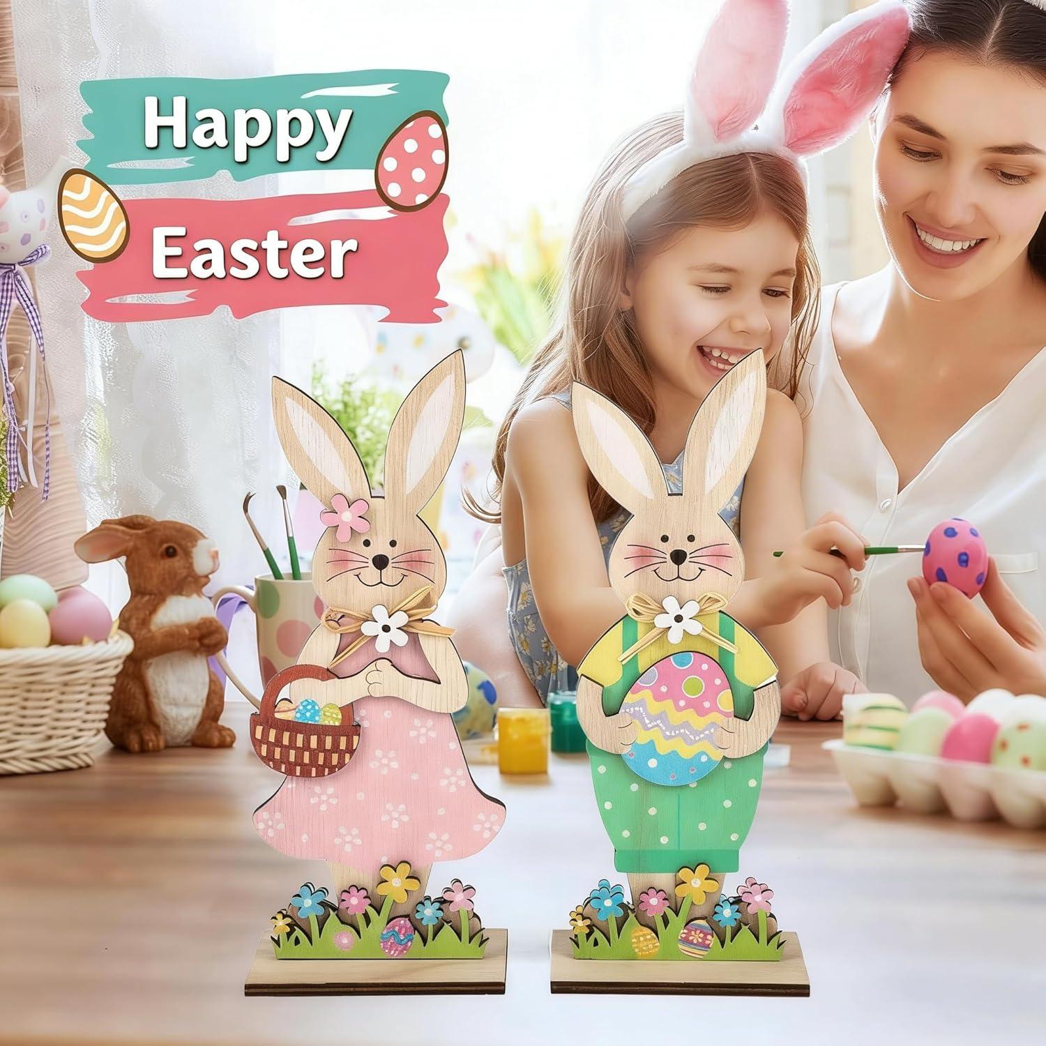 Skiennix Easter Wooden Bunny Tabletop Decorations - Colorful Standing Rabbit Figurines with Egg Basket | Spring Centerpiece