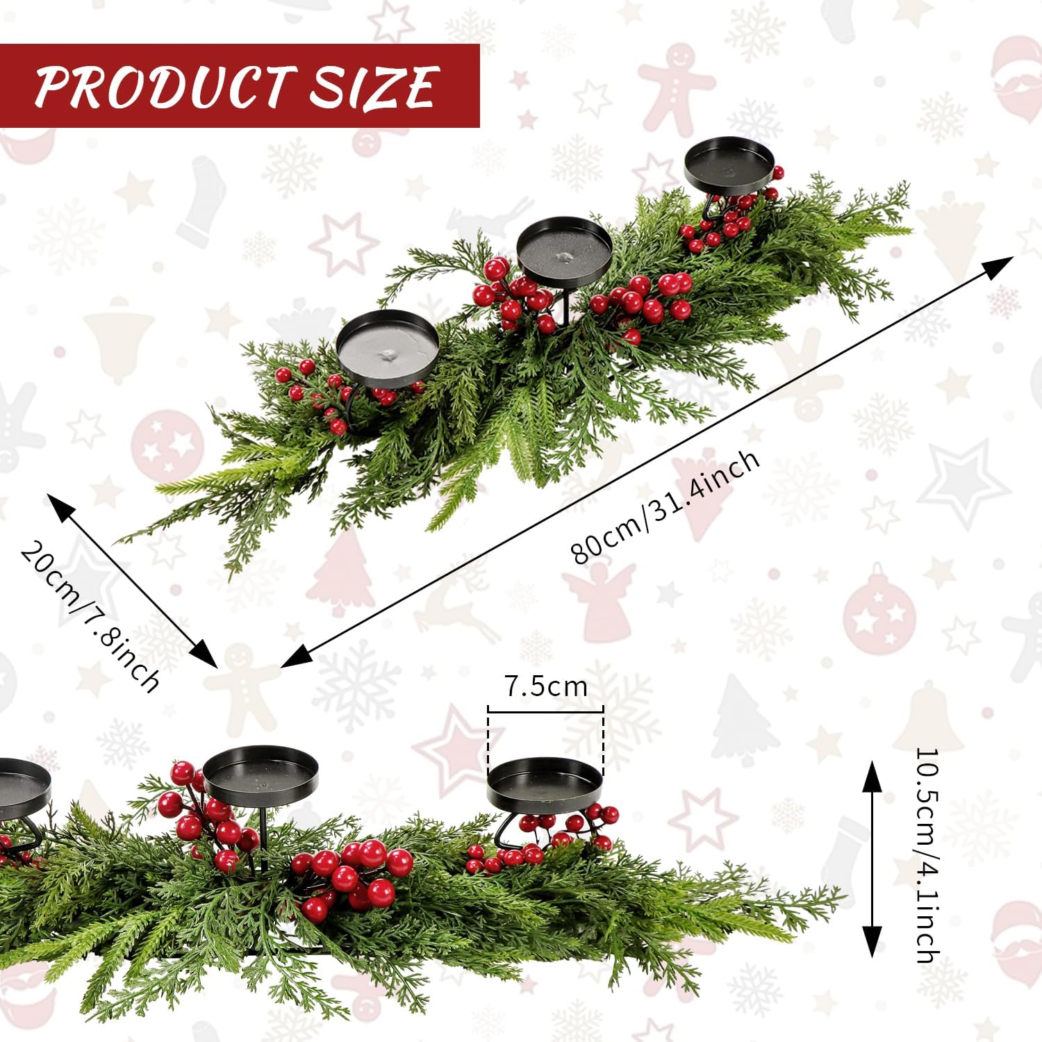 Regine Switzerland Rustic Christmas Candle Holder - 3 Tray Design with Norfolk Pine & Red Berries | 40cm Holiday Centerpiece