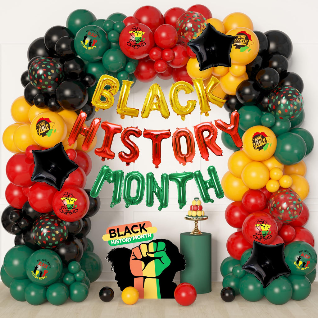 Ouddy Life 154Pcs Black History Month Decorations, History Month Balloons with Green Red Yellow Black History Printed Letter Stars Foil Balloon for African American