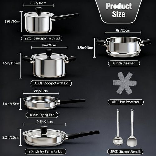 ASKSCICI Stainless Steel Cookware Set, 14-Piece Pots and Pans Set, Kitchen Cookware Set with Stay-Cool Handle, Non-Toxic, Dishwasher Safe & Compatible with All Stovetops (Gas, Electric & Induction)