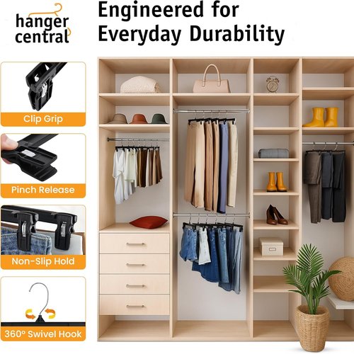 Hanger Central 12 Inch Slim Plastic Pants Hangers - Heavy Duty Non-Slip Clips for Skirts & Shorts - Black