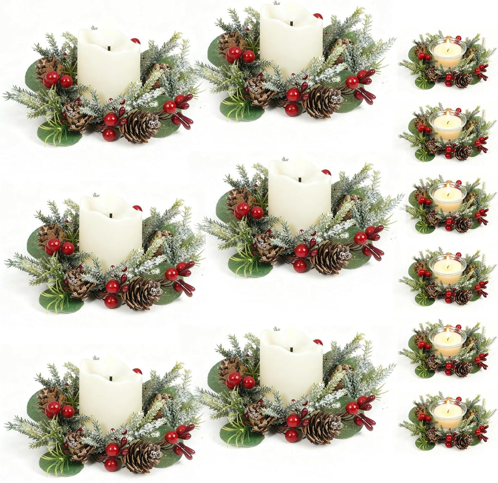 Skiennix Christmas Candle Rings - Mini Wreaths with Snowy Pinecone & Red Berry - 6 Pcs for Table Centerpiece