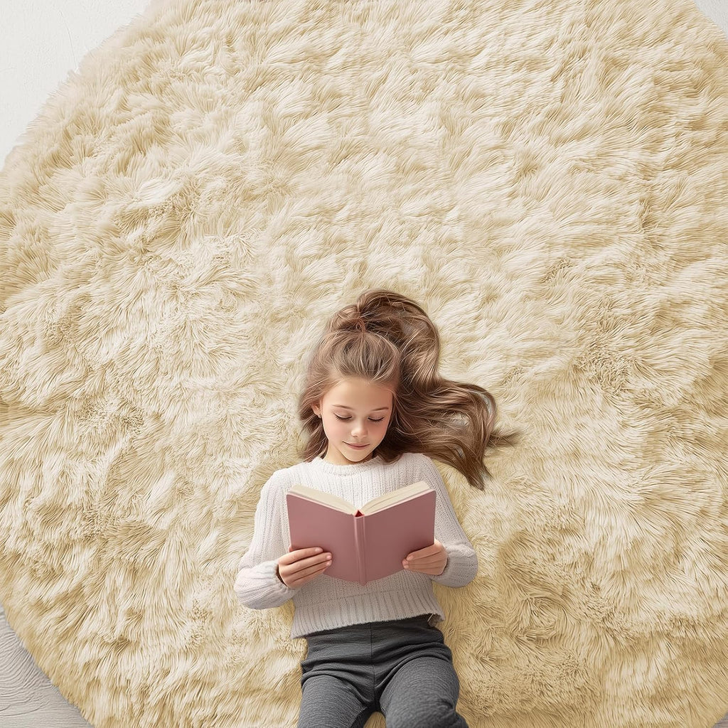 OLANLY Round Cream Area Rug - Soft, Fluffy, Machine Washable 7 ft Circle Carpet for Bedroom & Living Room Decor