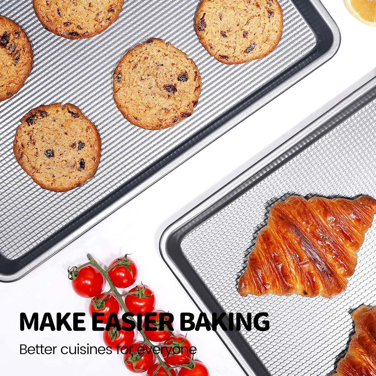 Vinino Baking Sheet Set of 3 - Non-Stick Carbon Steel Cookie Sheets with Square Texture - Grey