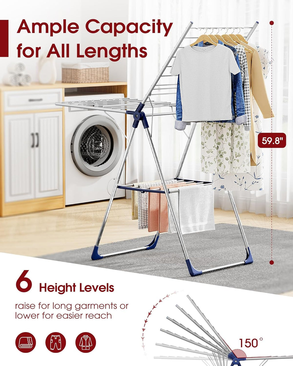 Sakugi Clothes Drying Rack - Height-Adjustable Metal Laundry Stand for Indoor & Outdoor Use | 55.5" L × 22.8" W, Silver Blue