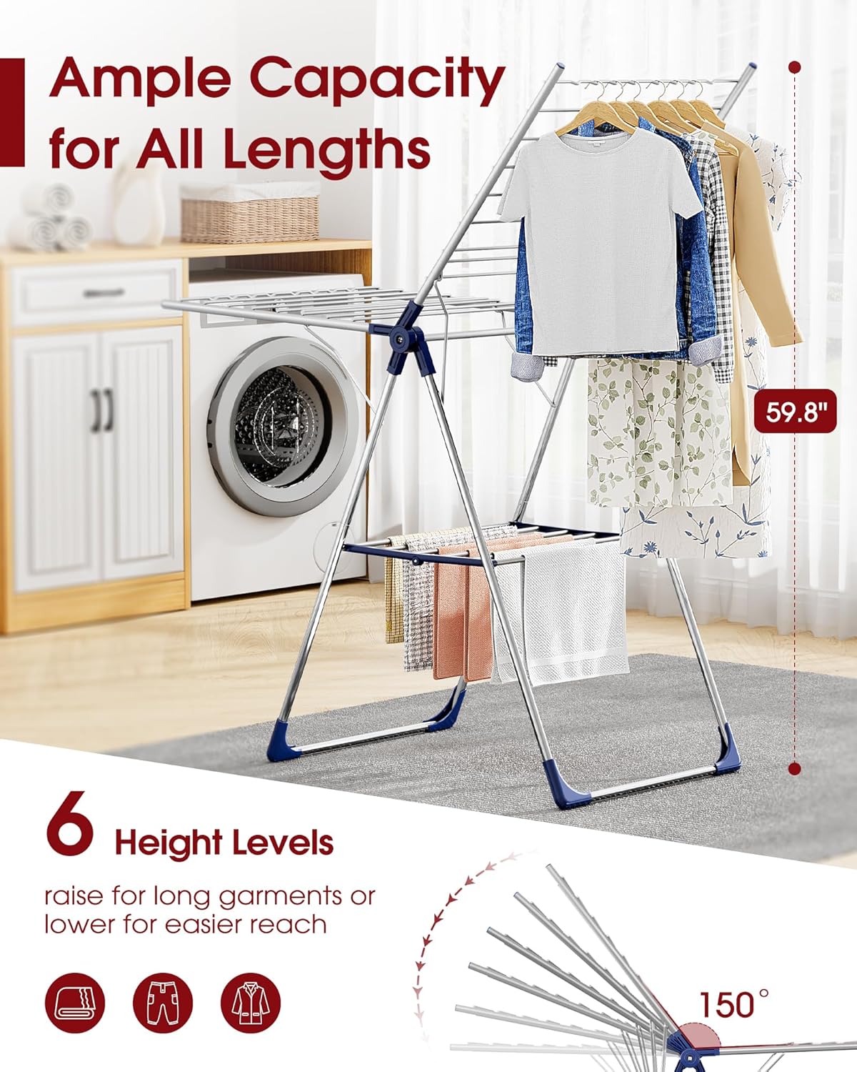 Sakugi Clothes Drying Rack - Height-Adjustable Metal Laundry Stand for Indoor & Outdoor Use | 55.5" L × 22.8" W, Silver Blue