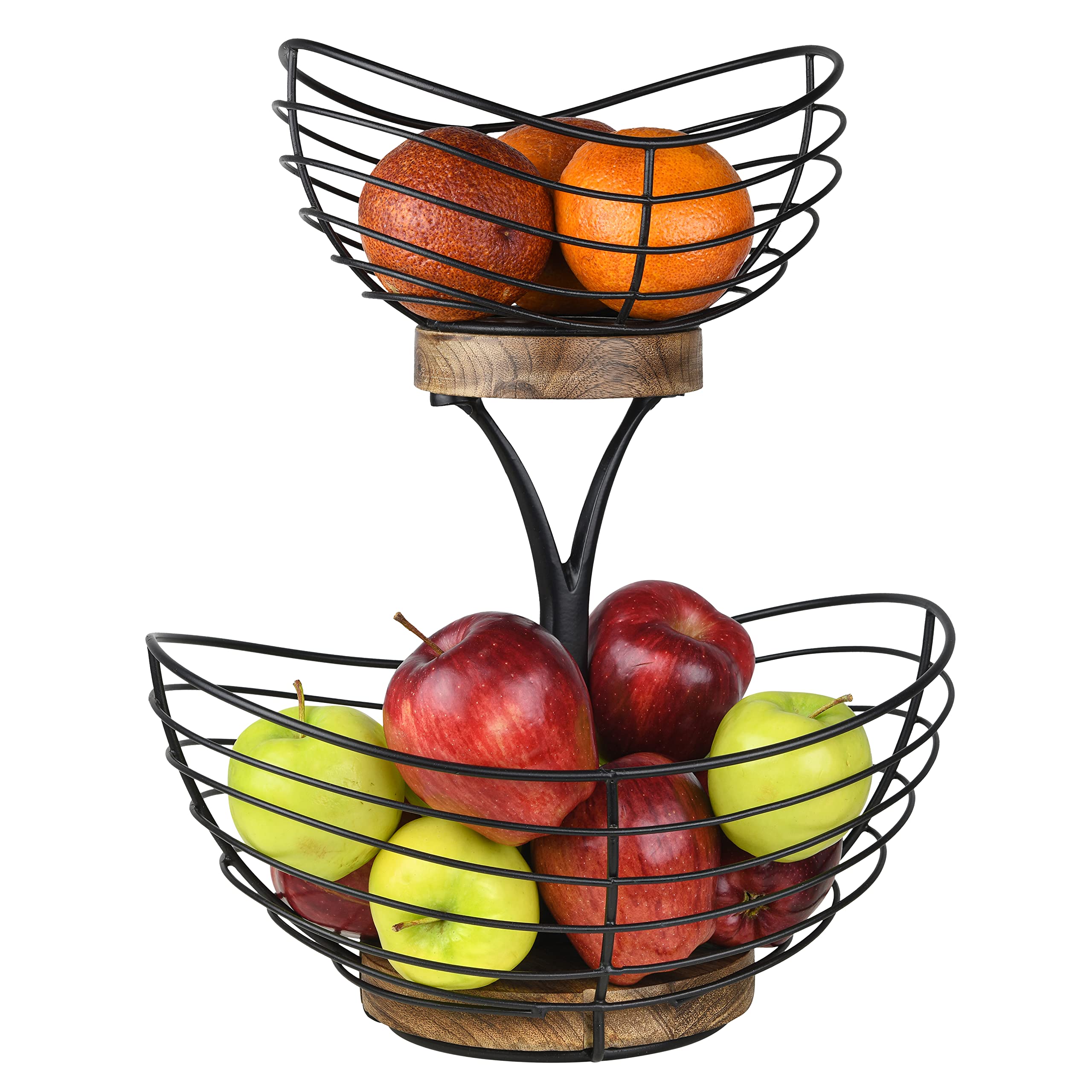 Tribello Modern Farmhouse 2 Tier Fruit Basket for Kitchen Counter, Vintage Wire and Wooden Base Fruit Bowl / Stand for Kitchen countertop Decor - Double Tree Fruit & Vegetables Basket