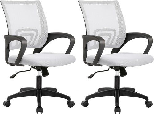 BestOffice Ergonomic Office Chair - Mid-Back Swivel Design with Breathable Backrest & Lumbar Support | Adjustable Height | White | Set of 2