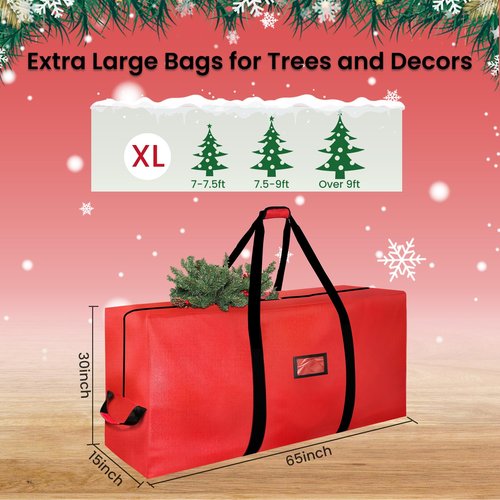 Christmas Tree Storage Bag, 9FT Large Christmas Tree Bag 600D with Reinforced Handles, Heavy Duty 9 Foot Tree Bags for Storage Waterproof Xmas Tree Box, Dual Zippers, Wide Opening, Red