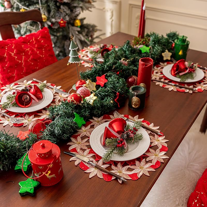 Red Christmas Placemats Set of 4 with Poinsettia Embroidery - 14inch Round, Gold Trim