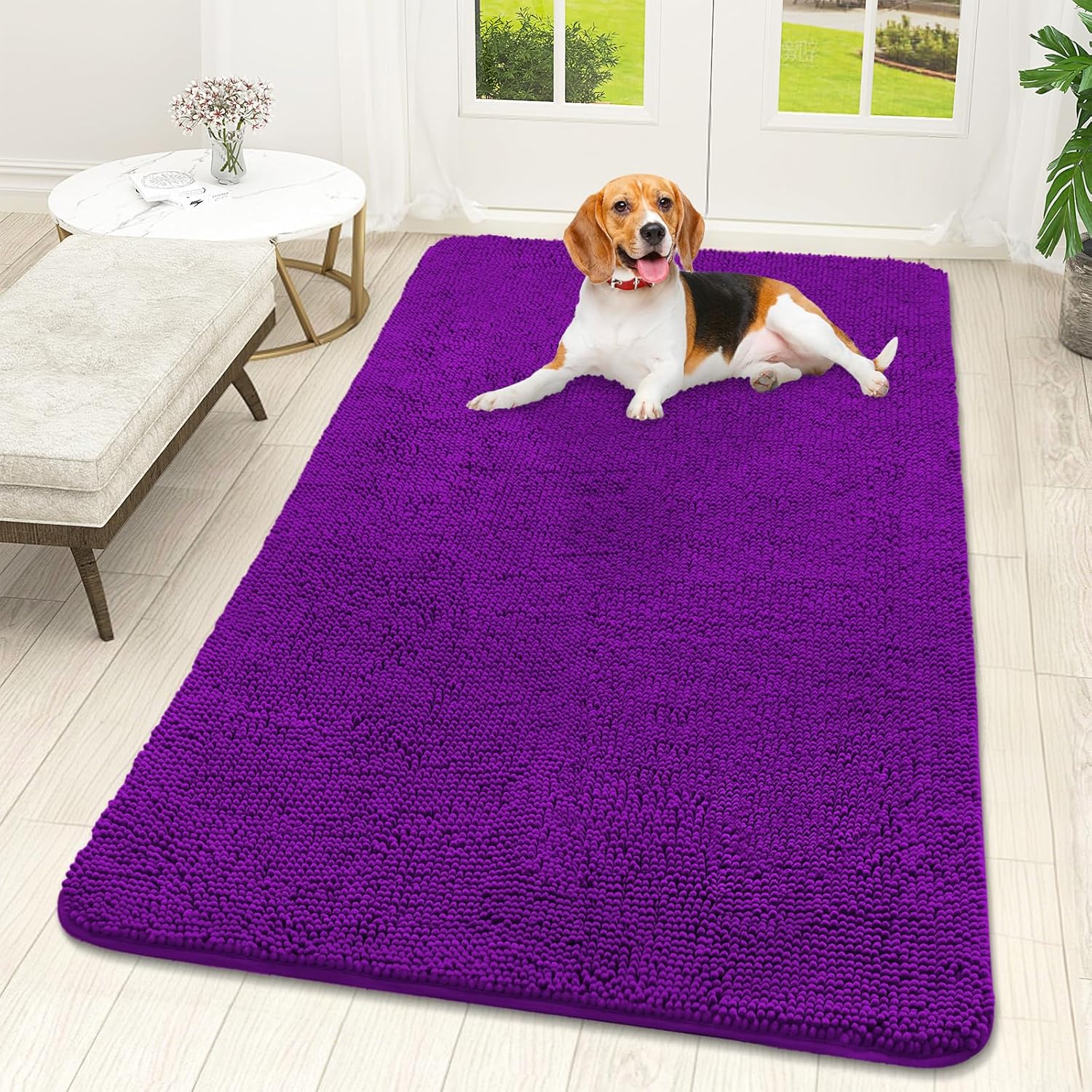OLANLY Dog Door Mat - Absorbent Non-Slip Washable Doormat for Muddy Paws | 59x32, Quick Dry Chenille, Purple