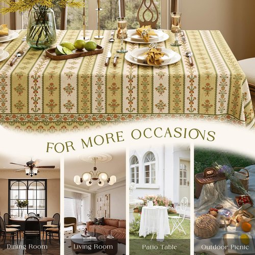 Livebee Floral Striped Block Print Tablecloth Rectangular, Farmhouse Linen Olive Green Table Cloth Heavy Weight Washable Table Cover for Spring Dining Party, 63x106''