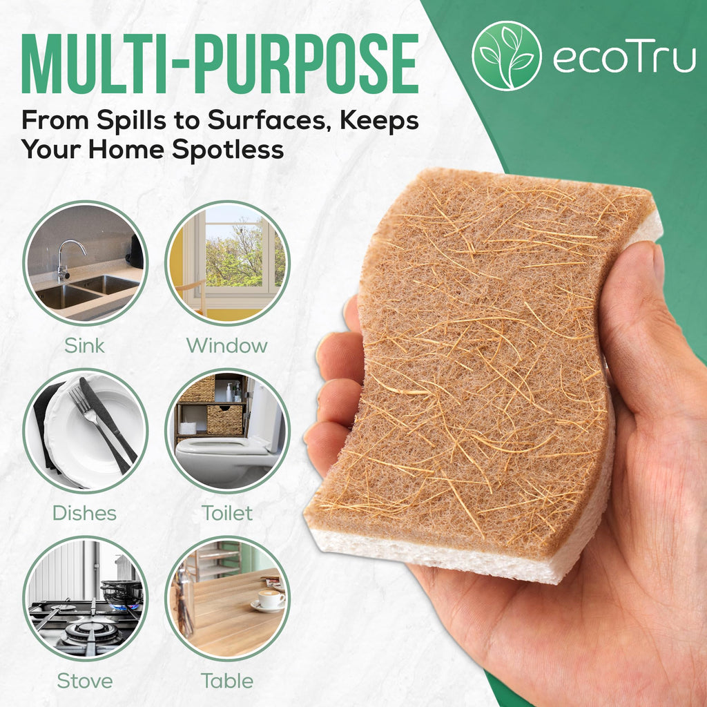 6 Pack Natural Kitchen Sponges, Compostable White Cellulose & Organic Coconut Scrubber Sponge for Washing Dishes, Kind Eco Friendly Non Toxic & Biodegradable Dishwashing Sponges