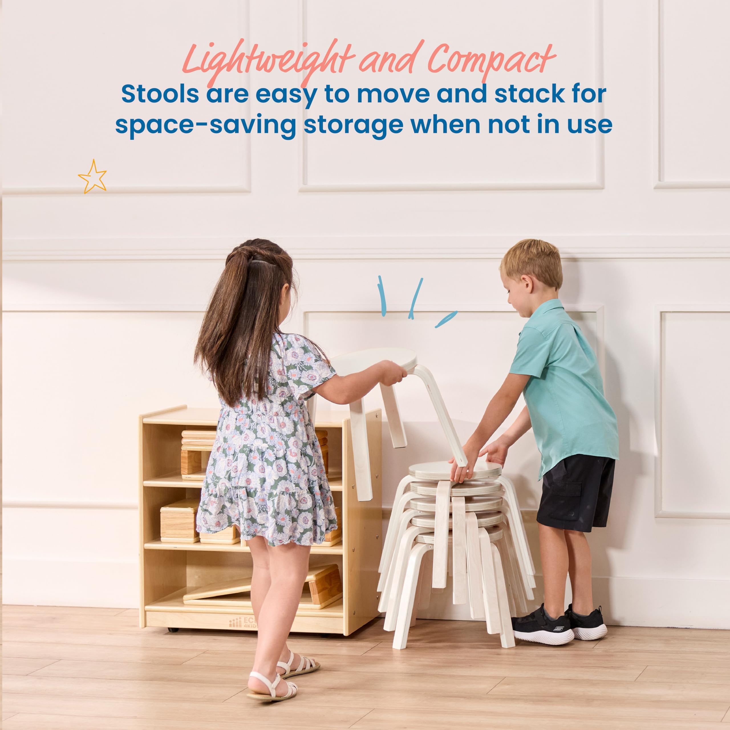ECR4Kids Bentwood Stackable Stools, 12in Seat Height, Classroom Furniture, White Wash, 6-Piece